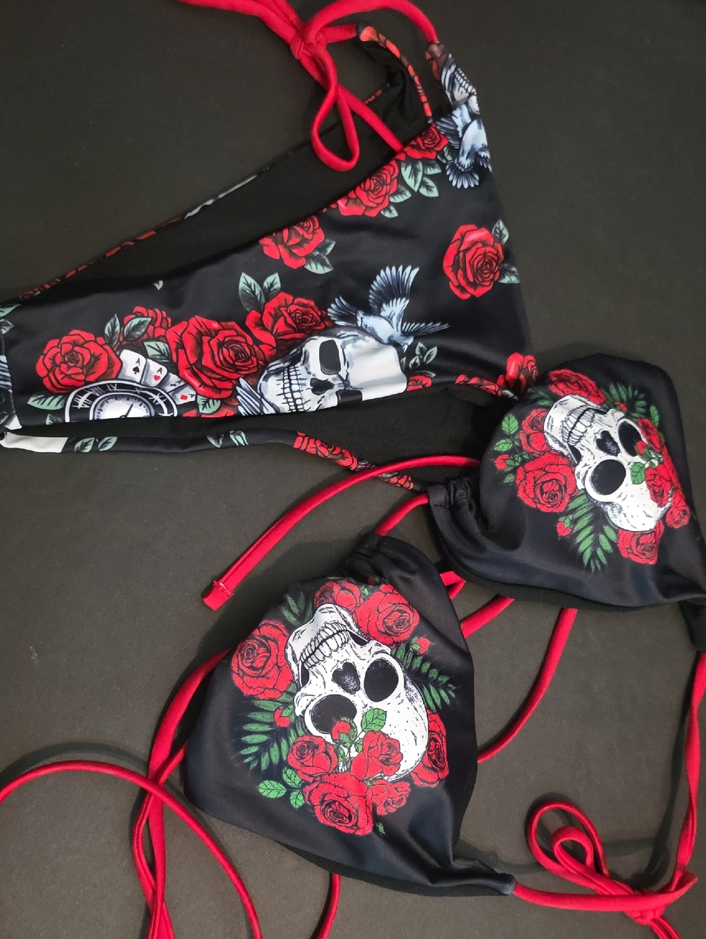 Shein Black Bikini Set with Red Rose & Skull Print